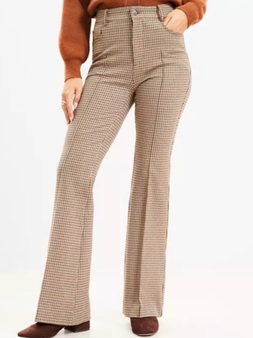 Loft Five Pocket Flare Pants in Plaid Bi-Stretch 6 Warm Stone